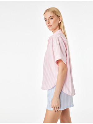 Koton Rahat Kesim Kısa Kollu Gömlek Yaka Poplin Çizgili Pijama Üstü