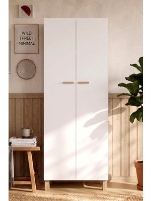 Robin Home Porto Çok Amaçlı Dolap Mutfak Kiler Erzak Banyo Düzenleyici Ayakkabılık 2 Kapaklı Ahşap Ayaklı Beyaz