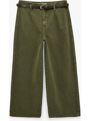 Koton Pamuklu Geniş Paça Kemerli Crop Pantolon - Wide Leg Jeans