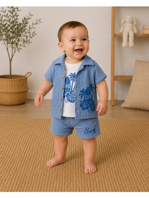 The Two Erkek Bebek Mavi Surf Desenli Müslin 3'lüGömlek Tshirt Şortlu Takım 12-24 Ay