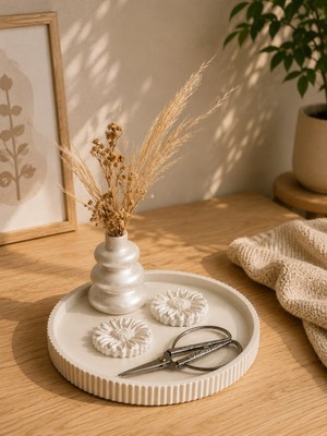 Masalsı Concept Beton Söz Nişan Tepsisi Dekoratif Tepsi Yüzüklük ve Makas Oda Dekoru Salon Sehpa Dekoru Vazo Dahildir