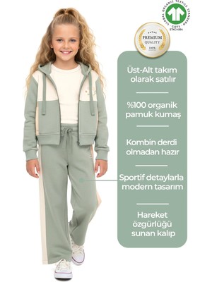 OZMOZ Organik Pamuk Çift Renk Kapüşonlu Yeşil Kışlık Kız Çocuk Eşofman Takımı