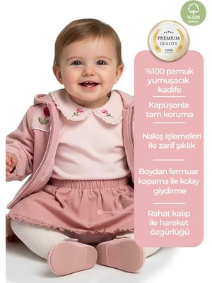 OZMOZ Kadife Nakışlı Kapüşonlu Pembe Kışlık Kız Bebek Ceket
