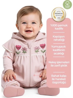 OZMOZ Kadife Nakışlı Kapüşonlu Kışlık Kız Bebek Yelek