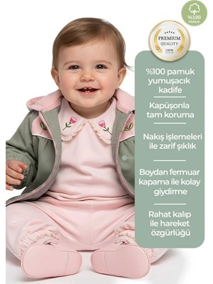OZMOZ Kadife Nakışlı Kapüşonlu Yeşil Kışlık Kız Bebek Ceket