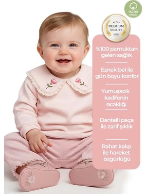 OZMOZ Kadife Dantelli Paça Gül Kurusu Kışlık Kız Bebek Pantolon