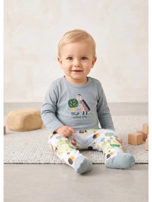 OZMOZ Organik Dino Nakışlı Patikli Mavi Baharlık Erkek Bebek Takım