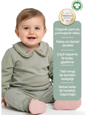 OZMOZ Organik Nakışlı ve Dantelli Koyu Yeşil Kışlık Kız Bebek Üst