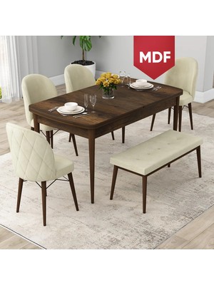 Canisa Concept Rut Serisi MDF Açılabilir 80X132 Barok Ahşap Desen Mutfak Masası Takımı 4 Sandalye 1 Bench
