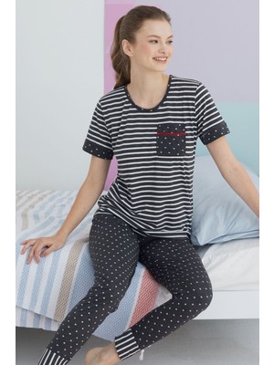 Siyah İnci Çok Renkli Pamuklu Örme Pijama Takım