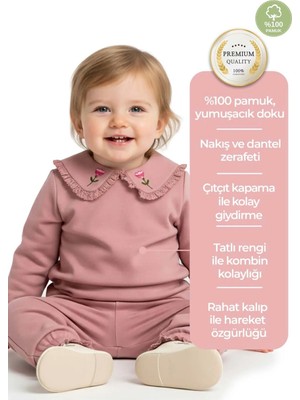 OZMOZ Organik Nakışlı ve Dantelli Gül Kurusu Kışlık Kız Bebek Üst