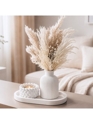 Masalsı Concept Dekoratif Beton Tepsi Seti Vazolu Mumluklu Modern Salon Orta Sehpa Dekoru - Çiçekler Dahil Değil