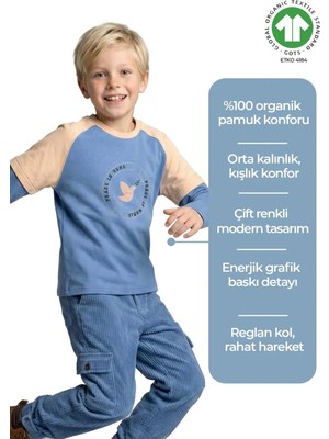 OZMOZ Organik Pamuk Çift Renk Uzun Kollu Baskılı Kışlık Erkek Çocuk Sweatshirt