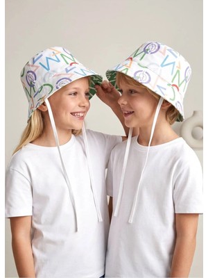 OZMOZ %100 Pamuk Logo Desenli Beyaz Yazlık Unisex Çocuk Bucket Şapka