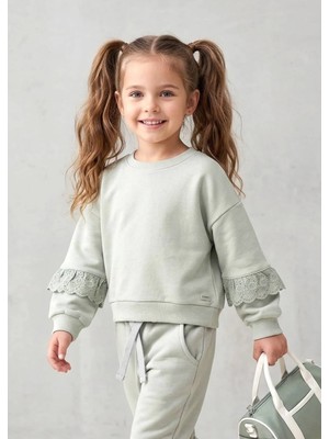 OZMOZ Organik Dantelli Yeşil Minik Kız Çocuk Sweatshirt