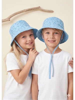 OZMOZ %100 Pamuk Desenli Mavi Yazlık Unisex Çocuk Bucket Şapka