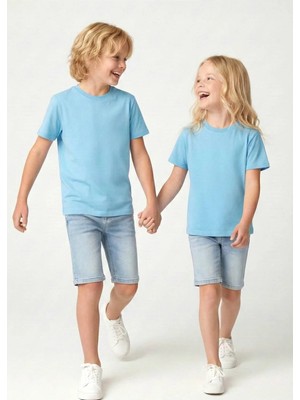 OZMOZ Organik Mavi Basic Yazlık Unisex Çocuk Tshirt