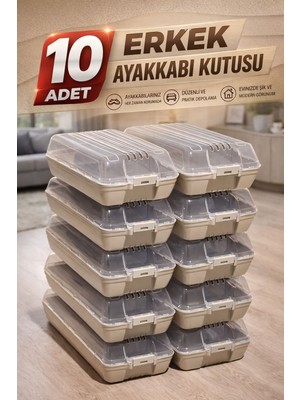 Funny Life 10'lu Erkek Ayakkabı Kutusu Set Şeffaf Kapaklı Düzenleyici Saklama Kutusu Organizer