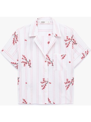 Koton Çiçek Desenli Çizgili Polo Yaka Pijama Üstü