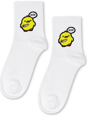 Carnaval Socks Run Yazılı Civciv Desenli Beyaz Yarım Konç Kısa Çorap