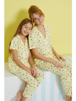Siyah İnci Çok Renkli Örme Düğmeli Pijama Takım