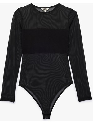 Koton Slim Fit Uzun Kollu Bisiklet Yaka Transparan Tül Bodysuit