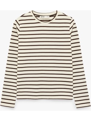 Koton Slim Fit Bisiklet Yaka Uzun Kollu Çizgili Tişört