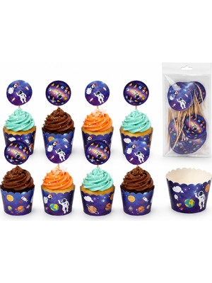 Bkmc Party Uzay Temalı Cupcake Kalıbı ve Kürdan Seti 16 Parça | 8 Cupcake Kalıbı + 8 Uzay Cupcake Süsü | Doğum Günü Parti Süsleri