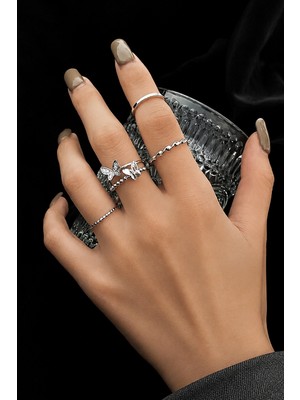 Trend Collection Kadın Gümüş Renk Kelebek Detaylı Çoklu Yüzük Seti