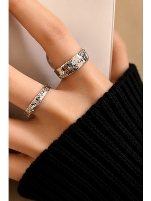 Trend Collection 2’li Gümüş Renk Işlemeli Yüzük Seti Ayarlanabilir Kadın Yüzük