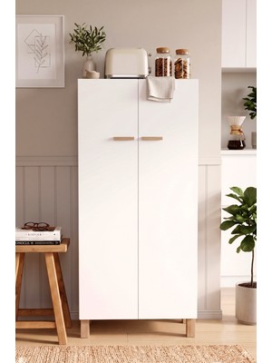 Robin Home Porto Çok Amaçlı Mutfak Kiler Erzak Banyo Dolabı 2 Kapaklı 5 Raflı Ahşap Ayaklı Beyaz