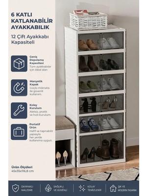 Kitchen Life 6 Katlı 12 Ayakkabı Kapasiteli Katlanabilir ve Taşınabilir Portatif Ayakkabılık - Geniş Dolap Raf