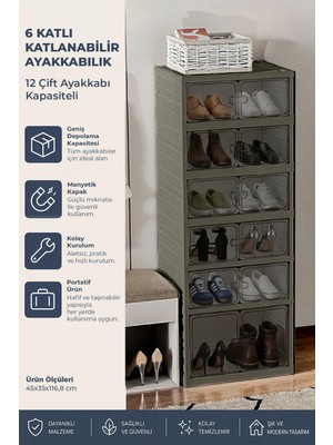 Kitchen Life 6 Katlı 12 Ayakkabı Kapasiteli Katlanabilir ve Taşınabilir Portatif Ayakkabılık - Geniş Dolap Raf
