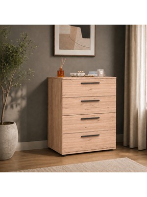 Adore Mobilya White Florida Meşe 4 Çekmeceli Şifonyer 65 x 78 x 41 cm Mat Siyah Alüminyum Kulp ile