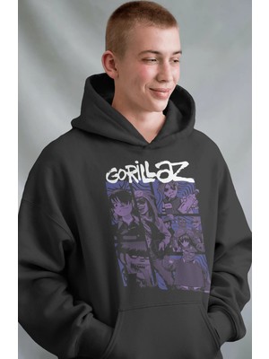 Sevbano Gorillaz Rock Metal Müzik Grubu Ön Baskılı Unisex Oversize Premium Hoodie