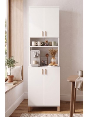 Robin Home Porto Derinlik Dar Alan Çok Amaçlı Mutfak Kiler Erzak Dolabı Kahve Köşesi Ahşap Ayaklı 45 cm Beyaz