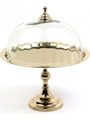 Lamedore Optik Cam Yuvarlak Gold Ayaklı Kek Standı Fanuslu 28,5X28,5X35 cm – Lüks Pasta ve Tatlı Sunum Standı
