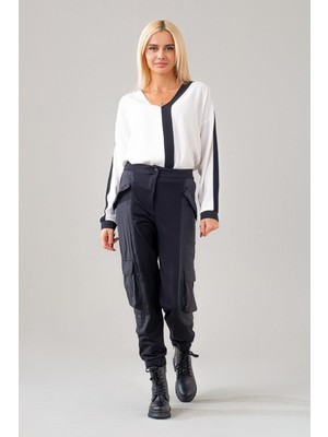 Bold & Young Kadın Kargo Cepli Siyah Polyamid Karışımlı Beli Lastikli Paça Lastikli Pamuk Likra Pantolon