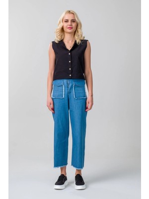 Bold & Young Kadın     Kapaklı Cepli Pis Dikişli Bol Paça Beli Lastikli Ince Kot Pantolon Indigo Açık Mavi