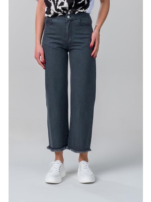 Bold & Young Kadın Bol Paça Beş Cepli Paça Saçaklı Denim Pantolon Antrasit
