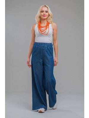 Bold & Young Kadın     Cepli Bol Paça Beli Lastikli Ince Kot Pantolon Indigo Koyu Mavi