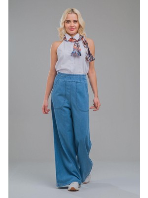 Bold & Young Kadın Cepli Bol Paça Beli Lastikli Ince Kot Pantolon Indigo Açık Mavi