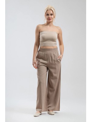 Bold & Young Kadın Bej Beli Lastikli Bol Paça Comfort Pantolon