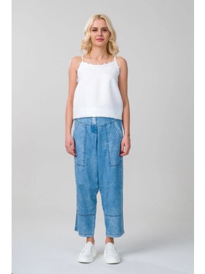Bold & Young Kadın       Bleach Yıkama Cepli Bol Paça Beli Lastikli Ince Lyocell Kumaş  Kot Pantolon Indigo Açık Mavi