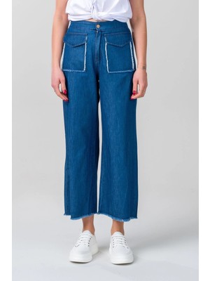 Bold & Young Kadın     Kapaklı Cepli Pis Dikişli Bol Paça Beli Lastikli Ince Kot Pantolon Indigo Koyu Mavi