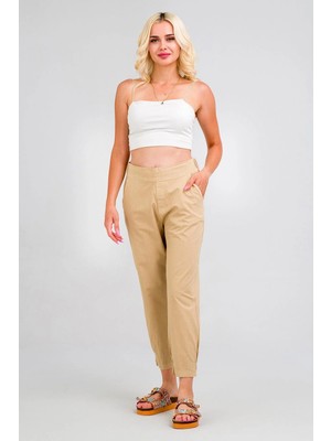 Bold & Young Kadın Pamuklu Kumaş Beli Lastikli Paça Lastikli Rahat Kesim Pantolon Bej