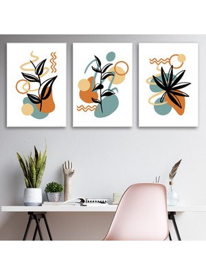 Tilki Dünyası 3'lü Bohem Kanvas Tablo Seti 11 - Modern Boho Duvar Dekoru - Modern Çizgiler ve Tasarım 3 Parça Tablo