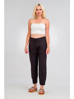 Bold & Young Kadın Pamuklu Kumaş Beli Lastikli Paça Lastikli Rahat Kesim Pantolon Pamuklu Siyah