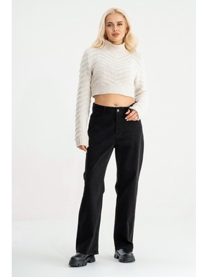 Bold & Young Kadın Siyah Power Likra Pamuklu Bol Paça Pantolon