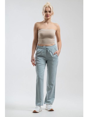 Bold & Young Kadın Su Yeşili Beli Ipli Kordonlu Boru Paça Comfort Pantolon